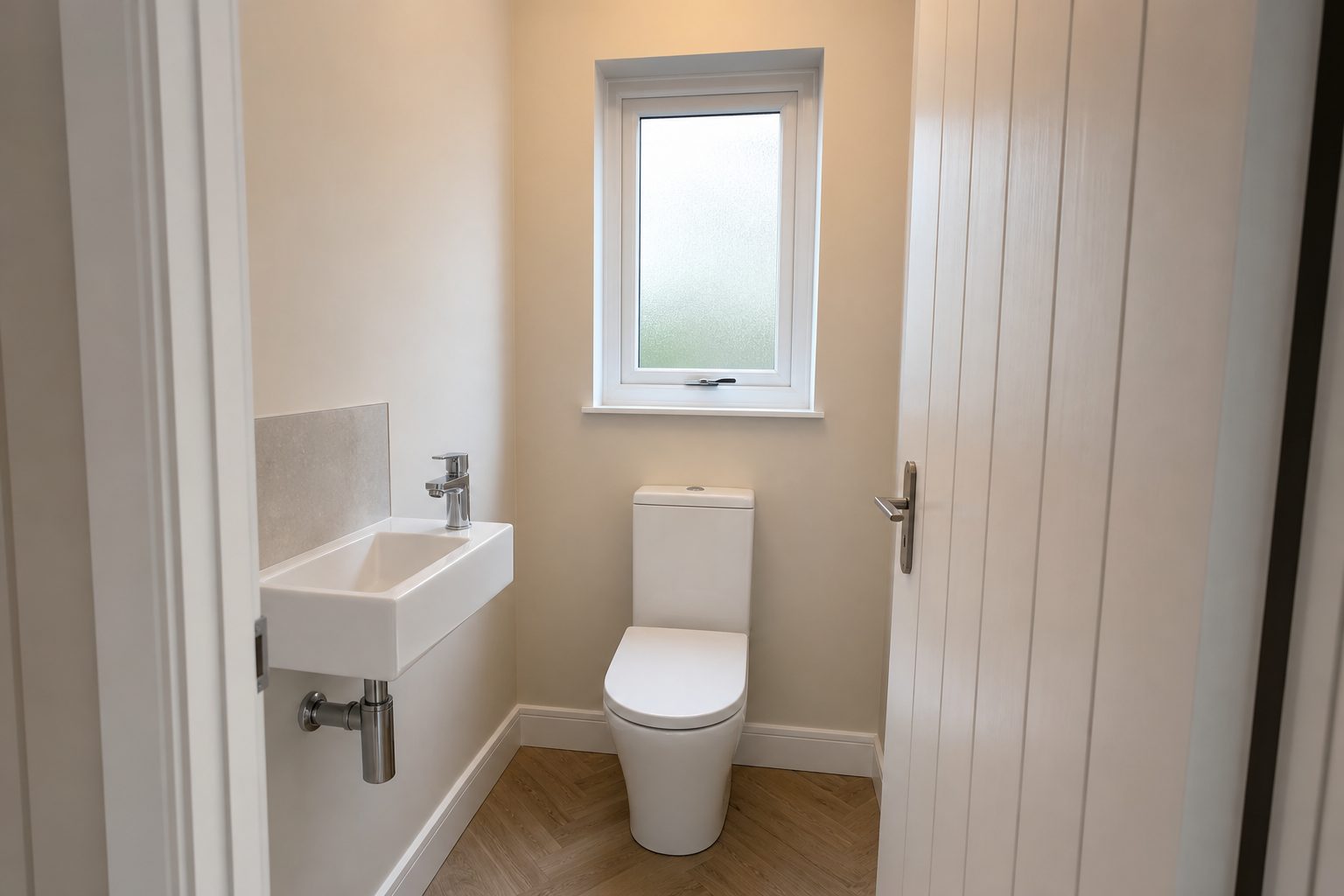 Bright compact cloakroom WC inside a new porch extension with frosted window